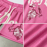 Shorts en maille double couche rose RAMAX 260GSM, motif squelette Holly Demon, streetwear, bas de tenue de basketball, vente en gros