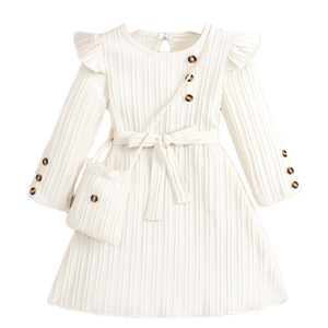 Nouvelles robes d'automne pour enfants, manches longues, nœud, <span class=keywords><strong>princesse</strong></span>, vêtements décontractés pour filles, col rond, motif uni, style doux, longueur genou droite - Product Image 1