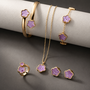 Ensemble de bijoux cinq pièces motif fleur trèfle en alliage plaqué or et argent noir, comprenant collier, bracelet et boucles d'oreilles, pour femme, mode, mariage et fête - Product Image 6