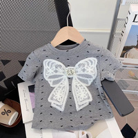 T-shirt à manches courtes gris avec nœuds en dentelle pour fille + jupe en dentelle blanche, ensemble de 2 pièces, tenue tendance