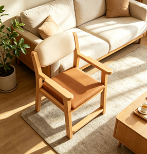 Chaise de salon moderne minimaliste en bois avec coussin orange et dossier beige, chaise de loisirs ergonomique - Product Image 1
