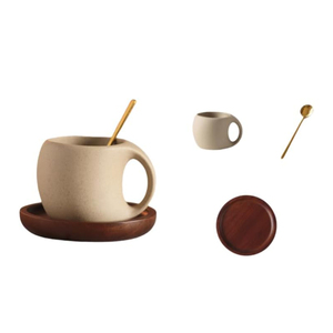 Nordic Ins Coffee Cup Latte Cup Ceramic Water Cup 200-240ML 8 oz With Cover Wood Tray - Product Image 1