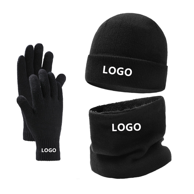 winter fleece beanie and scarf gloves set custom logo outdoor mens knitted beanie scarf 3 piece set for men