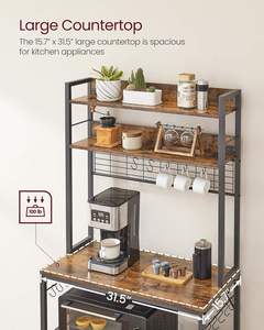 Étagère de cuisine rustique marron avec prise électrique et bar à café réglable, étagère de cuisine avec prises, étagère pour micro-ondes - Product Image 3