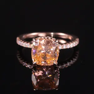 AR053 Coussin à 4 griffes 9x9MM Morganite Rose Cz Plaqué or rose Argent 925 Zircon cubique Alliances en stock