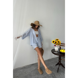 Conjunto de túnica y pantalones cortos a rayas azules, conjunto informal de verano para mujer, ropa de playa holgada - Product Image 6