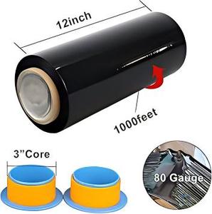 Film étirable noir Huamaohengchun, résistance industrielle, avec poignée en plastique, 12 po x 1000 pi, 80 gauge, lot de 3, film rétractable noir - Product Image 2