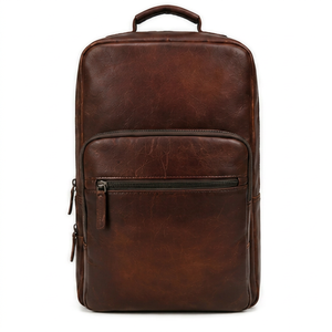 Premium <b>Leather</b> Laptop <b>Backpack</b> for Men and Women <b>Large</b> Capacity Travel & Office Use with Front Zipper Pocket Polyester Lining - Product Image 1