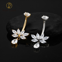 Perhiasan Tindik Pusar Lengkung Berlapis Emas Titanium 14G dengan Hiasan Bunga 6 Marquise CZ dan Batang Berulir