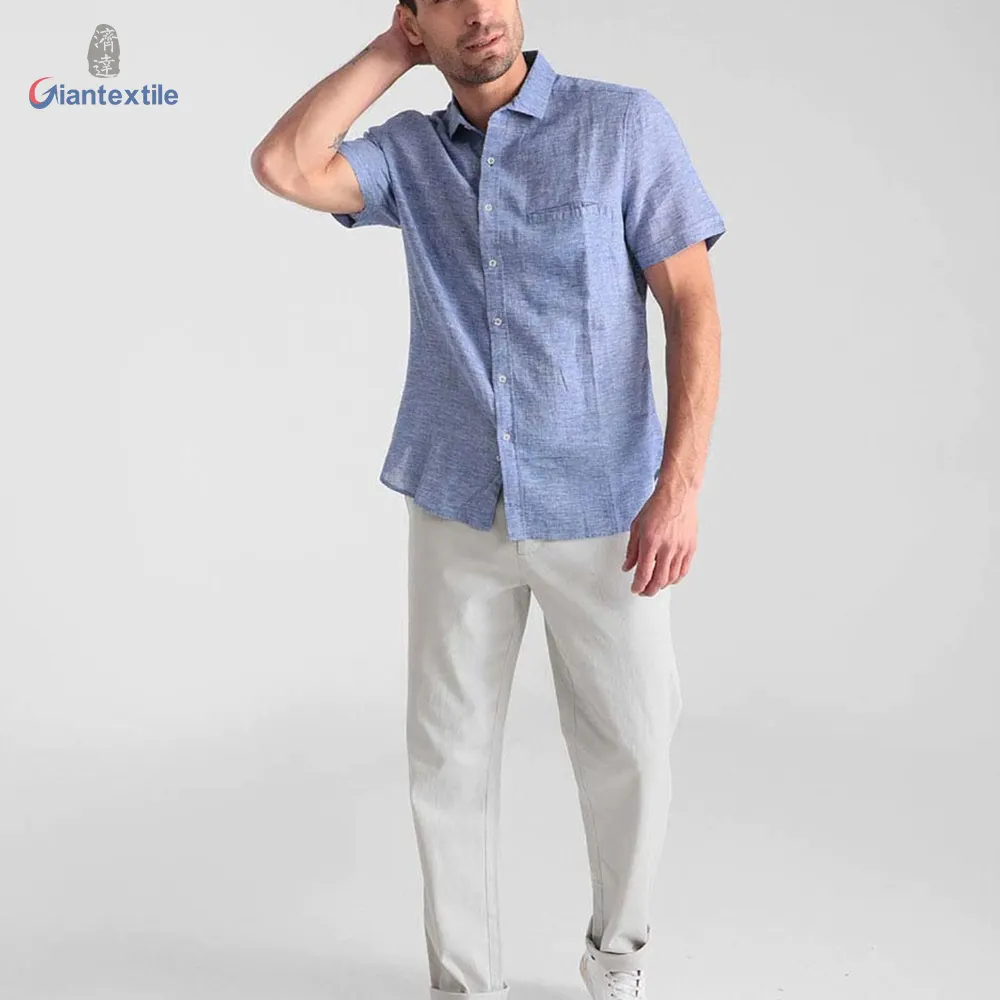 Giantextile Custom Made vendita calda camicia da uomo cotone lino migliore qualità manica corta blu solido confortevole camicia per uomo