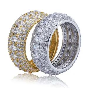 10Mm 5 Rijen 14K Vergulde Iced Out Premium Diamant Cz Royal Eternity Bruiloft Verlovingsband Ring Voor Mannen Vrouwen