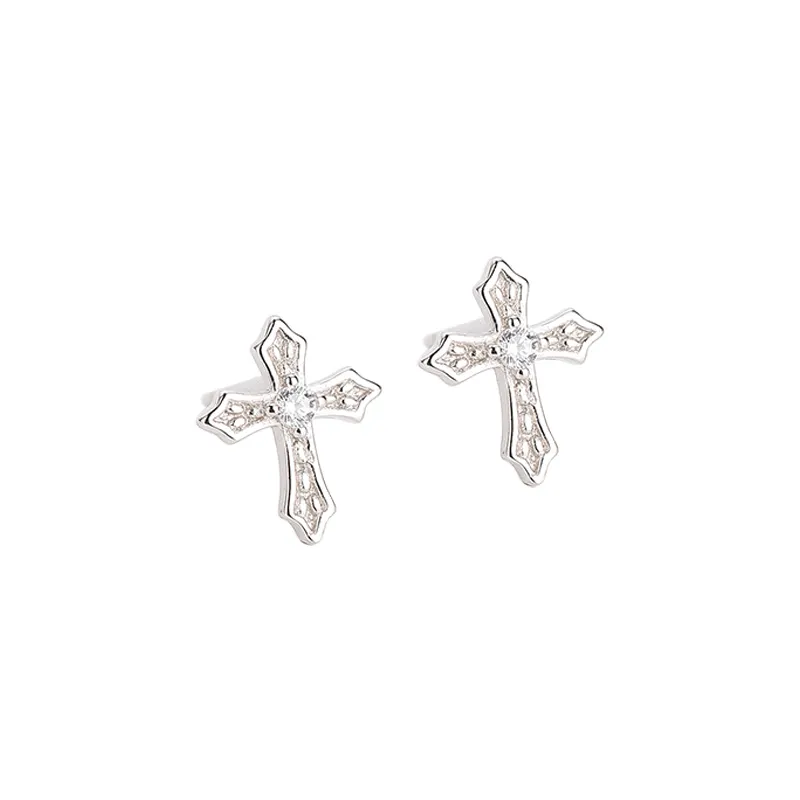 Korean design single stone zircon stud 925 sterling silver women cross stud earrings for men