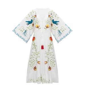 OEM Service White Heavy Embroidery Dress Long Maxi Summer <strong>Gypsy</strong> <strong>Clothing</strong> for Women 100% Cotton Floral Pattern Dress - Product Image 1