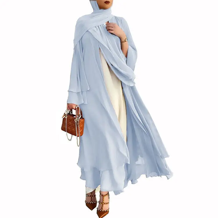 Personalizado azul claro Dubai mujeres musulmanas gasa Maxi bata larga doble capa abierta Abaya