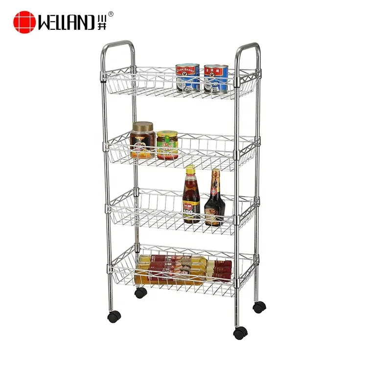 Carrello da cucina portatile in filo metallico cromato a 4 livelli in vendita, approvazione NSF