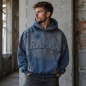 Sudadera con capucha vintage azul degradado lavado, con efecto desgastado, roturas y agujeros, de corte oversize y holgado para hombre, estilo Wasteland Darkwear. - Product Image 5