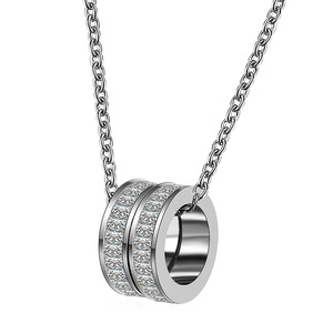 European American Style 304 Stainless Steel <b>Necklace</b> 7MM Double <b>Ring</b> Full Circle Diamond Pendant Simple Women's Clavicle Chain - Product Image 5