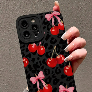 Nuova <span class=keywords><strong>Cover</strong></span> Lusso Opaca a Pori Fini con Stampa Leopardo Nero, Fiocco Rosa e Ciliegie Rosse per <span class=keywords><strong>iPhone</strong></span> 17 16 15 14 <span class=keywords><strong>Pro</strong></span> Max - Product Image 5