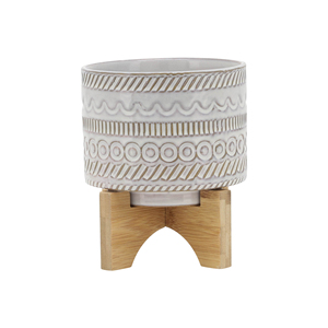 Vaso in ceramica goffrata con supporto in legno, piccolo vaso rialzato per decorazioni domestiche, da tavolo, ingresso, giardino - Product Image 1
