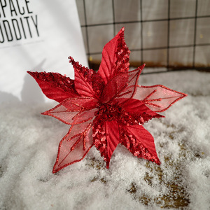 Artificial Velvet Poinsettia Sequined Glitter Christmas Wreath <b>Tree</b> Decorations Factory Fashionable Red Flower - Product Image 4