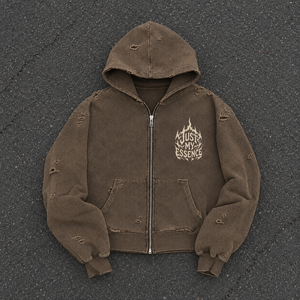 Vintage Acid Wash Ripped Distressed <b>Zip</b> <b>Up</b> <b>Hoodie</b> Men Cropped Full‑Zip Flame <b>Graphic</b> Print Oversized Streetwear Hooded Jacket - Product Image 1