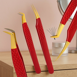 Juego de Pinzas para Extensión de Pestañas Rojas Doradas, Punta Curva de Precisión, Acero Inoxidable, Aislamiento de Pestañas de Volumen, Herramientas de Belleza para Aplicación - Product Image 2