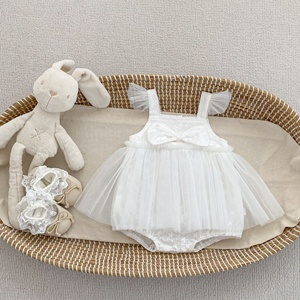 Combinaison en tulle à manches bouffantes blanches avec nœud pour bébé fille, robe de princesse d'été - Product Image 6
