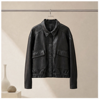 Veste en cuir d'agneau véritable pour femme, col à revers, boutons-pression, coupe courte, poches plaquées, style vintage