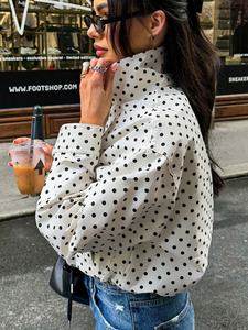 Blouson bomber blanc à pois pour femme, col montant, manches bouffantes, matelassé, fermeture éclair, manteau court décontracté d'automne - Product Image 4