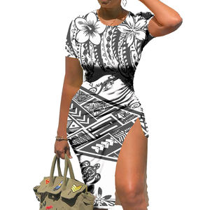 <span class=keywords><strong>Robe</strong></span> midi moulante <span class=keywords><strong>noire</strong></span> et blanche à imprimé tribal polynésien pour femme, manches courtes, fente latérale, froncée, vente en gros - Product Image 3