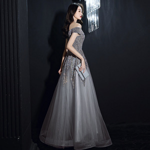 Off-Shoulder Sparkle A-Line Evening Gown Empire Waist Silver Gray Long Dress For Banquets And Annual Meetings - Product Image 4