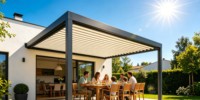 Pergola bioclimatique en aluminium à lames orientables murales pour terrasse et jardin