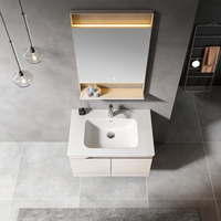 Meuble sous-vasque mural avec éclairage d'ambiance, vasque flottante avec étagère inférieure, facile à nettoyer et au design classique
