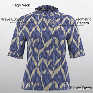 <span class=keywords><strong>T</strong></span>-<span class=keywords><strong>shirt</strong></span> décontracté à col montant et manches trois-quarts, motif géométrique de feuilles <span class=keywords><strong>bleu</strong></span>-or texturé froissé 3D, style rétro artistique et tendance - Product Image 6