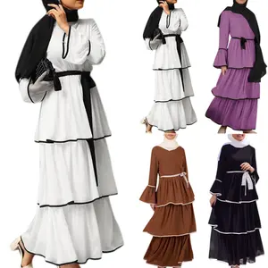 Plus Size Islamic Arab Women Maxi Long Dress Black White Color Long Sleeve Chiffon Dress Abaya Muslim 3 Layers Cakes Dress