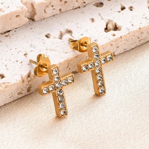 Pendientes de acero inoxidable con circonita en forma de cruz, color dorado para mujer, joyería de moda para niña, color plata/dorado/rosa - Product Image 2