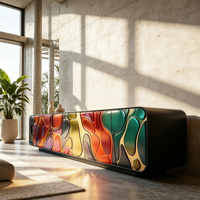 Support TV à motif abstrait fluide et coloré, cadre en fibre de verre, corps arrondi noir pour un espace de vie moderne et artistique