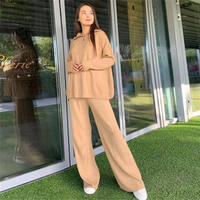 Tricots personnalisés hiver 2024 mode décontracté col POLO pantalons longs amples vêtements 2 pièces tricoté femmes deux pièces ensemble pull