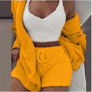K1050 <b>Women</b> <b>Plus</b> <b>Size</b> <b>Sleepwear</b> Sets 3PCS Pajamas Solid Plush Hooded Sexy Elastic Waist Shorts Casual Spring - Product Image 3