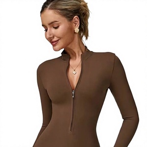 Combinaison moulante à manches longues et fermeture éclair pour femme, taille haute, couleur unie, en Spandex et Polyester, effet ventre plat, idéale pour le yoga - Product Image 5