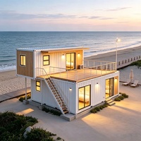 Maison modulaire préfabriquée à 2 étages, alimentée à l'énergie solaire, pour la plage, avec terrasse, salon et chambre, idéale pour les stations balnéaires