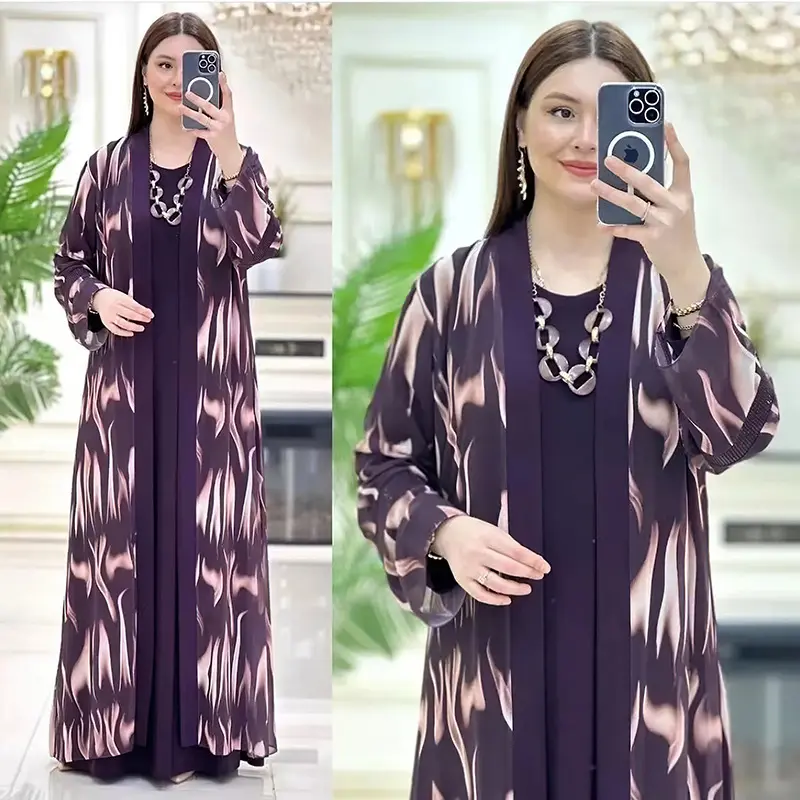 YFS-2024 yeni özel Premium müslüman Frauen Muslimisches Kleid ekip boyun 2 parça açık Abaya elbiseler Set kadınlar