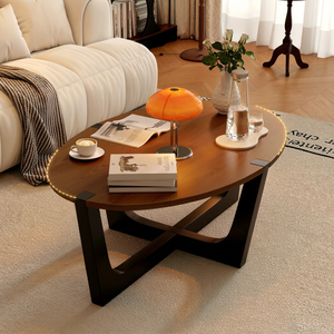 Table basse ovale moderne avec plateau en bois et structure en métal, meubles décoratifs pour salon - Product Image 1