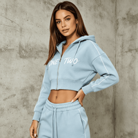Survêtement ample brodé pour femme, sweat à capuche court zippé, pantalon de jogging à jambe large avec bande latérale contrastante, taille élastique à cordon de serrage, décontracté