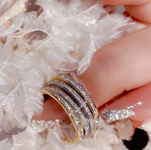 <b>Chunky</b> Layered Zircon <b>Ring</b> Stainless Steel Stacked Band Gold Plated Silver Tone Geometric Jewelry for Women - Product Image 3