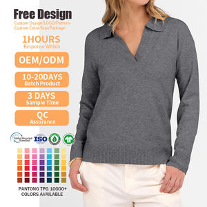 Blusas de Manga Larga Personalizadas, Estilo Casual de Negocios, Cuello en V, Tejido Acanalado, Ajustadas, Camisas Polo para Mujer - Product Image 2