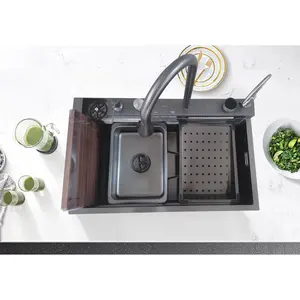 Wastafel dapur keran air terjun baja tahan karat wastafel dapur buatan tangan fungsional wastafel dapur Modern 2024 produk baru