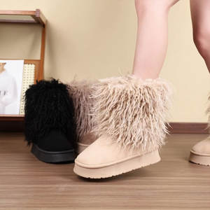 حذاء نسائي غير رسمي لمنتصف الساق حذاء ثلج جديد للخريف/الشتاء طويل الشعر للمنزل من القطن بنعل سميك دافئ من النوع الصلب - Product Image 3