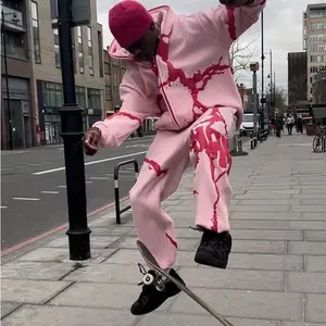 Hoodie Manufacturers Fashion Street Puff Print Sweatpants And Hoodie Set Y2K Hip Hop Zipper Jacket Set Jogging Suits in Pink