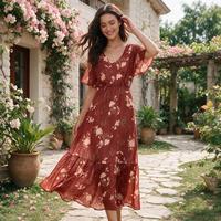 Robe longue d'été pour femme en mousseline à imprimé floral, col en V, manches courtes, taille cintrée, à volants, style bohème décontracté pour la plage et les vacances